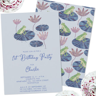 Frog in a Lily Pond Cute Kids First Birthday Party Invitation