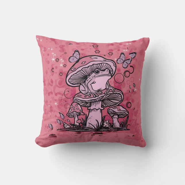 Frog in a mushroom throw pillow design (Front)