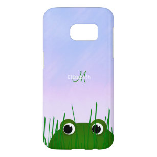 frog in a pond peeking through grass monogrammed