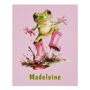 Frog in Cute Pink Boots in Puddle Monogram Child's Poster