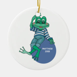 Frog in Jeans, Birthday, Polka Dots Ceramic Tree Decoration