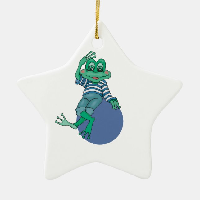 Frog in Jeans, Birthday, Polka Dots, Custom Name Ceramic Tree Decoration (Front)