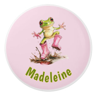 Frog in Pink Rain Boots Monogram Pastel Child's Ceramic Knob
