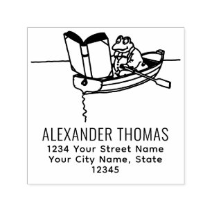 Frog in Row Boat Reading Book Name Return Address Self-inking Stamp