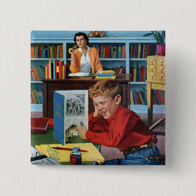 Frog in the Library 15 Cm Square Badge (Front)