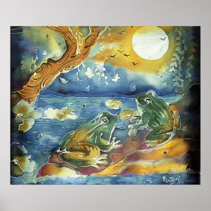 Frog in the Moonlight Painting Poster