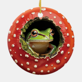 Frog in Toadstool – Cute Woodland Mushroom Art Ceramic Tree Decoration