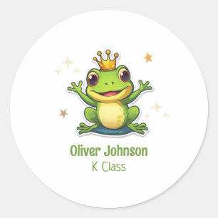 Frog King Cartoon Back To School Name And Class  Classic Round Sticker