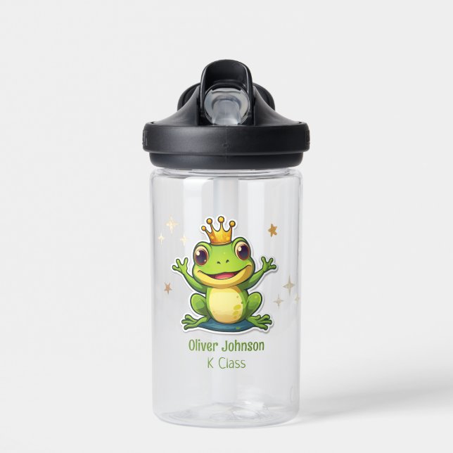 Frog King Cartoon Back To School Name Water Bottle (Front)