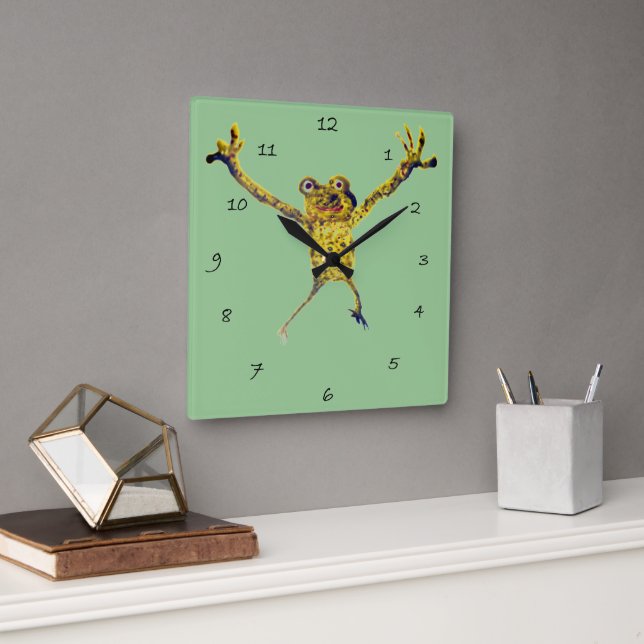 Frog Leaping Funny Animal Art Square Wall Clock (Office)