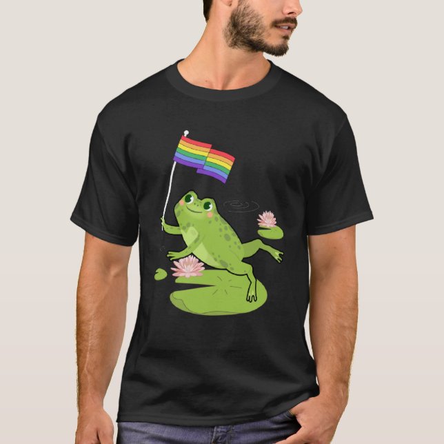 Frog  LGBTQ Gay Pride Flag Lily Pad Illustration T-Shirt (Front)