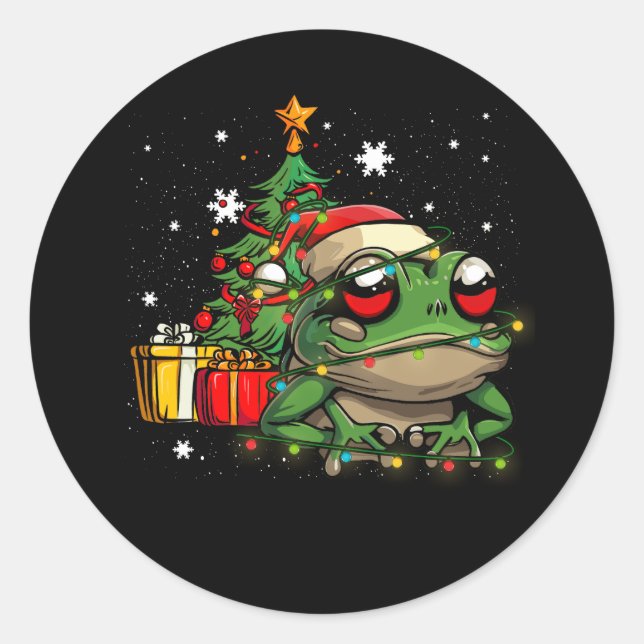 Frog Lover Christmas Lights Tree Santa Hat Merry C Classic Round Sticker (Front)