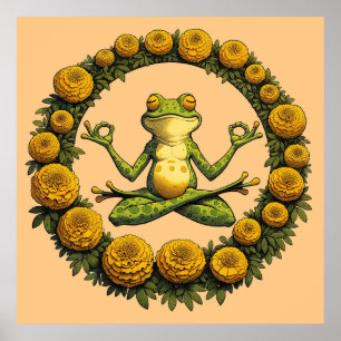 Frog Meditation Froggy Yoga Marigolds              Poster