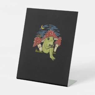 Frog Mushroom Hat Reading Book - Cottagecore Gobli Pedestal Sign