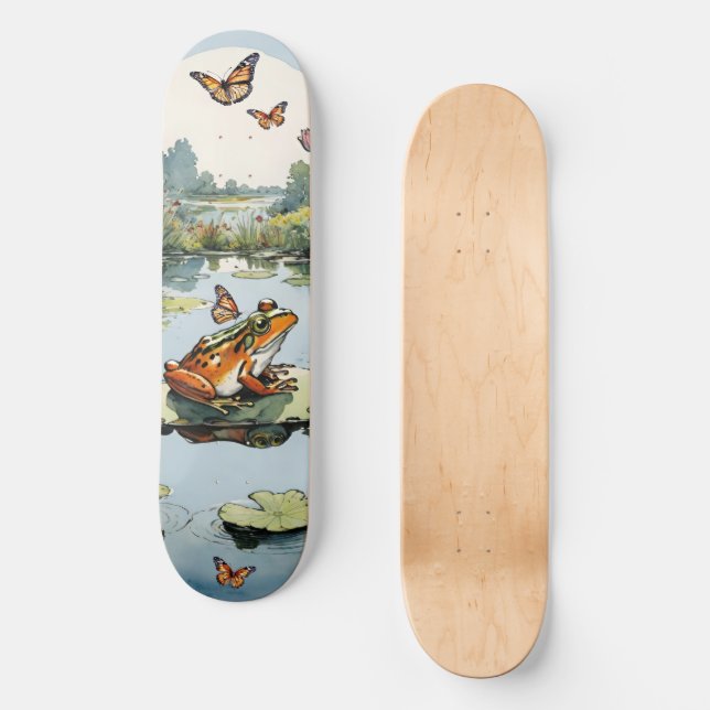 Frog On A Lily Pad with Butterflies Skateboard (Front)