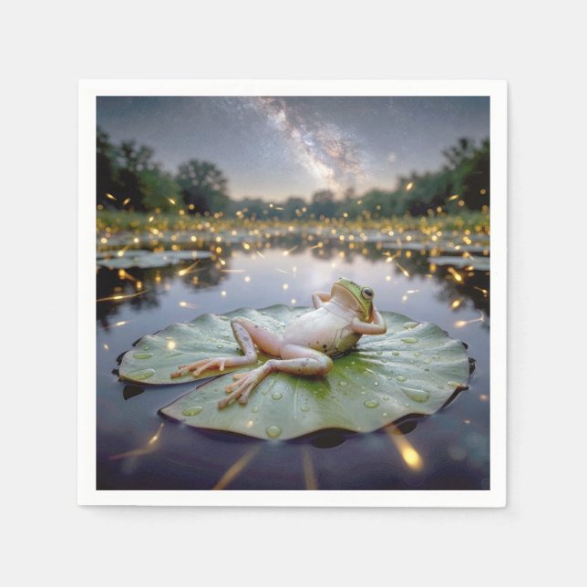 Frog On a Lily Pad with Fireflies Napkin (Front)