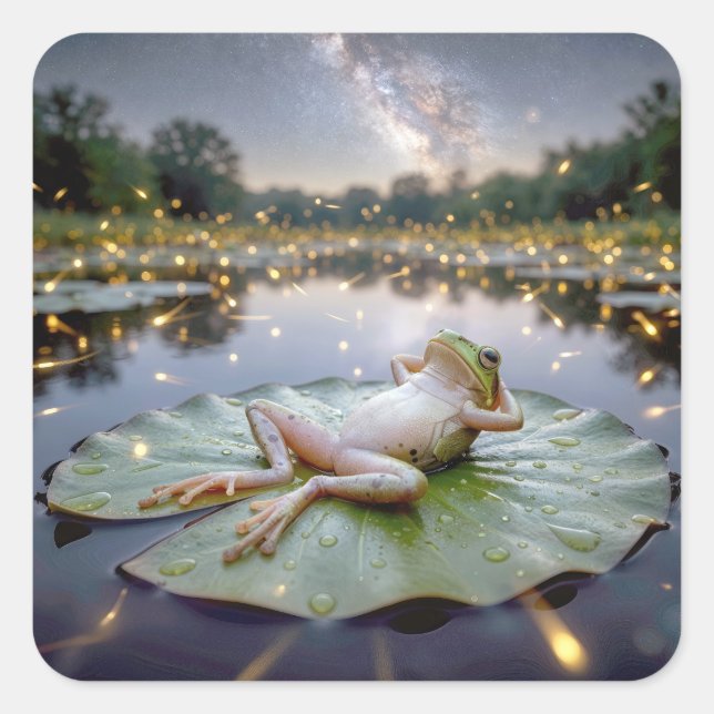 Frog On a Lily Pad with Fireflies Square Sticker (Front)