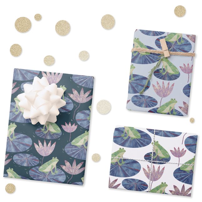Frog on a Lily Pond Wrapping Paper Sheet (Frogs on lily leaves patterned gift wrap paper)