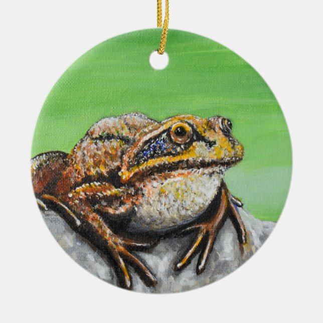 Frog on a Rock painting Ceramic Tree Decoration (Front)