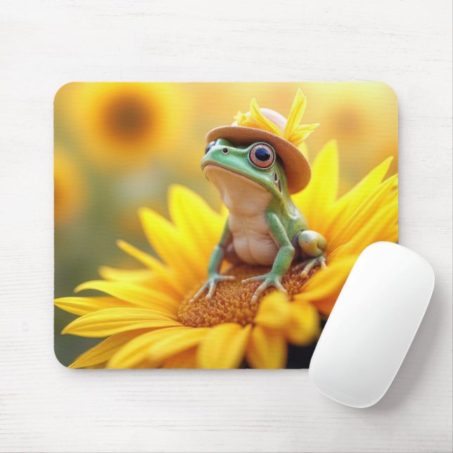 Frog On a Sunflower Mouse Mat (With Mouse)