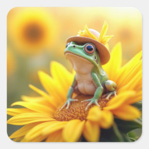 Frog On a Sunflower Square Sticker