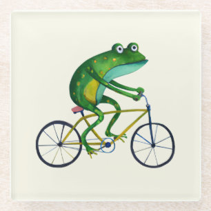 Frog On Bicycle Glass Coaster