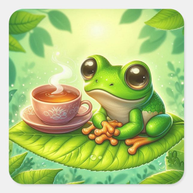 Frog on Leaf with  Square Sticker (Front)