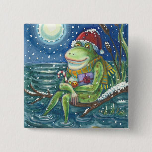 FROG ON LOG CHRISTMAS HOLIDAY BUTTON Square