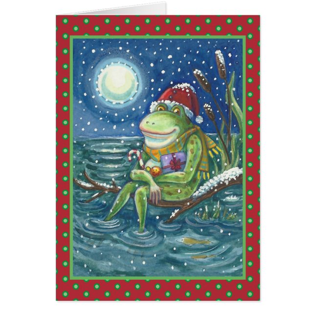 FROG ON LOG, CUTE GREEN SANTA, CATTAILS BLANK CARD (Front)