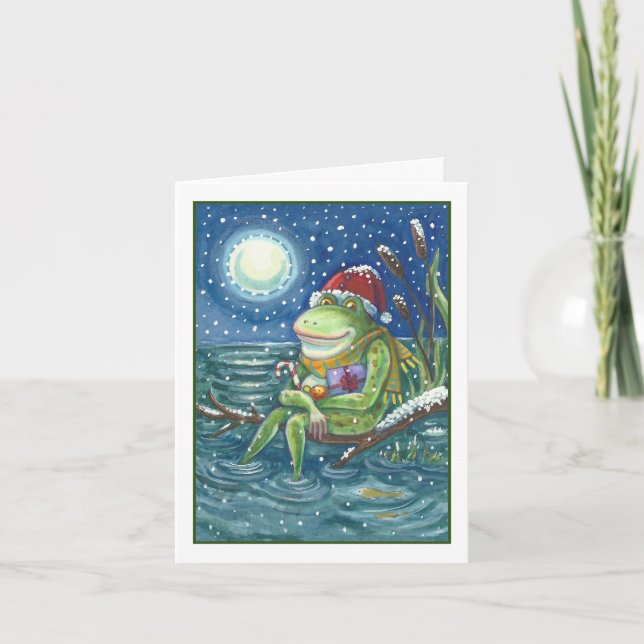 FROG ON LOG, HOLIDAY CHRISTMAS GREETING CARD Blank (Front)