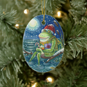 FROG ON LOG WARMS THE HEART, FUNNY, CUTE CHRISTMAS CERAMIC TREE DECORATION