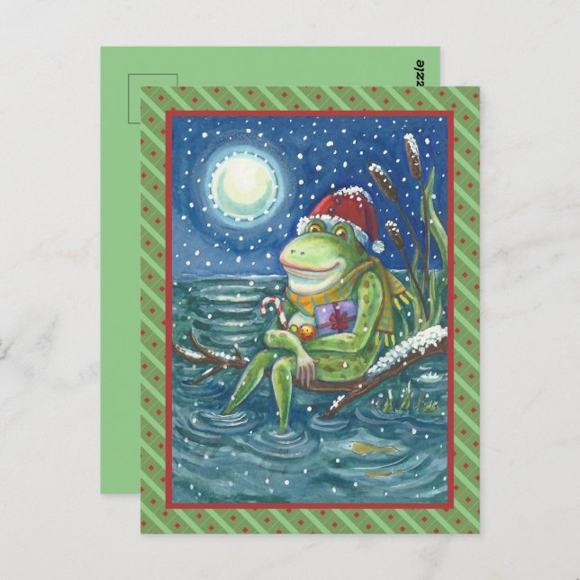 FROG ON LOG WARMS THE HEART, FUNNY, CUTE CHRISTMAS POSTCARD (Front/Back)
