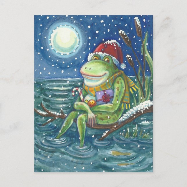 FROG ON LOG WARMS THE HEART, FUNNY, CUTE CHRISTMAS POSTCARD (Front)