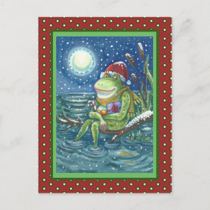 FROG ON LOG WARMS THE HEART, FUNNY, CUTE CHRISTMAS POSTCARD