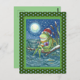 FROG ON LOG WARMS THE HEART, FUNNY, CUTE CHRISTMAS POSTCARD