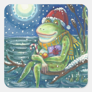 FROG ON LOG WARMS THE HEART, FUNNY, CUTE CHRISTMAS SQUARE STICKER
