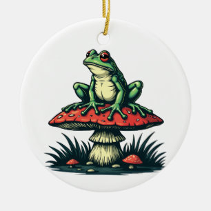 Frog on Mushroom Cottagecore Forest Magic Fungi Ceramic Tree Decoration