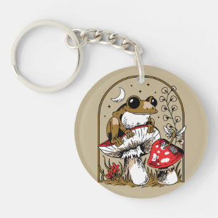 Frog on Mushroom Under Moonlit Sky Key Ring