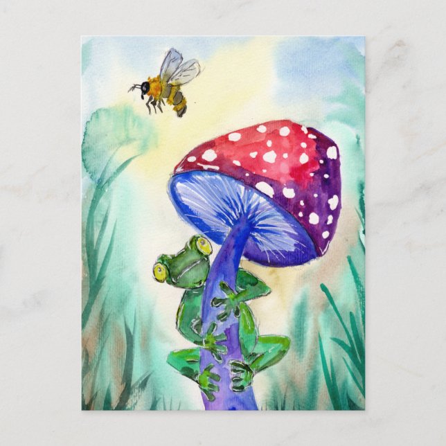 Frog on Mushroom wants Bee Postcard (Front)