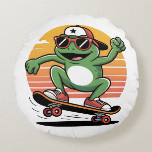 Frog on skateboard round cushion