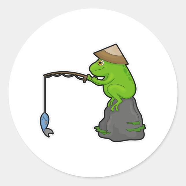 Frog on Stone at Fishing with Fishing rod & Fish Classic Round Sticker (Front)