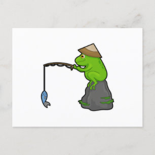 Frog on Stone at Fishing with Fishing rod & Fish Postcard