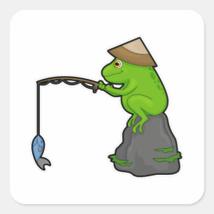 Frog on Stone at Fishing with Fishing rod & Fish Square Sticker