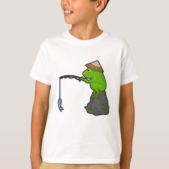 Frog on Stone at Fishing with Fishing rod & Fish T-Shirt (Front)