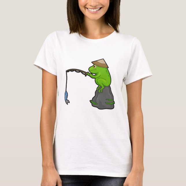 Frog on Stone at Fishing with Fishing rod & Fish T-Shirt (Front)