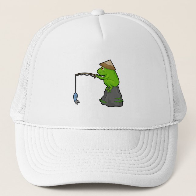 Frog on Stone at Fishing with Fishing rod & Fish Trucker Hat (Front)