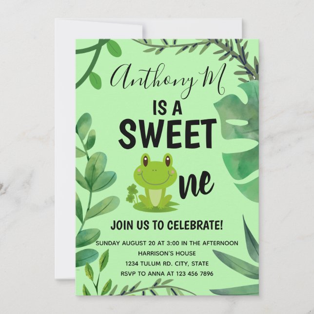 Frog party 1st birthday froggy theme green invitation (Front)