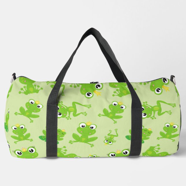 Frog Pattern, Cute Frogs, Green Frogs, Frog Prince Duffle Bag (Front)