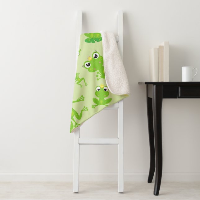 Frog Pattern, Cute Frogs, Green Frogs, Frog Prince Sherpa Blanket (In Situ)