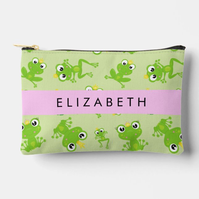 Frog Pattern, Green Frogs, Frog Prince, Your Name Accessory Pouch (Front)